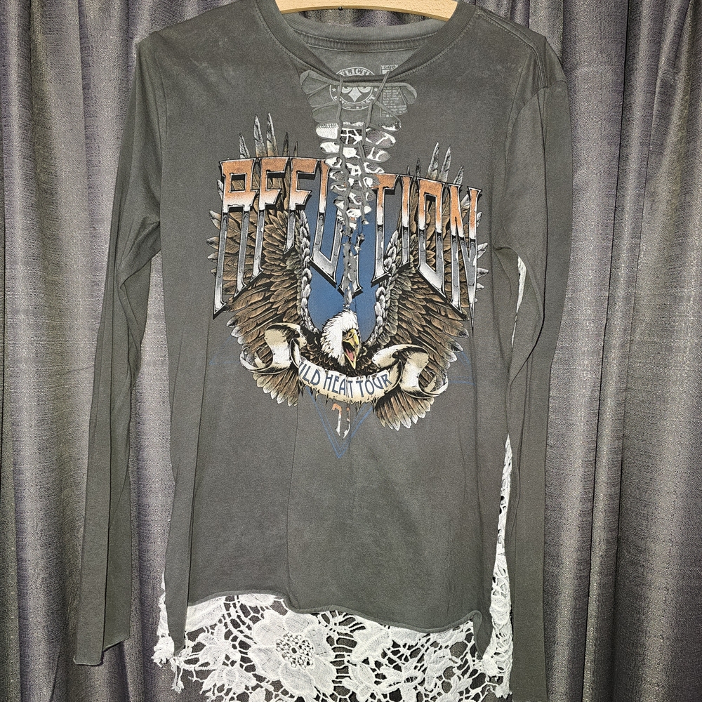Affliction Gray Long Sleeve Tee with Eagle Graphic And Lace Back